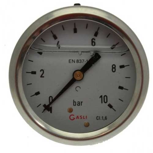 Glycerine Pressure Gauge with Rear 1/4" Thread 0 - 10 bar